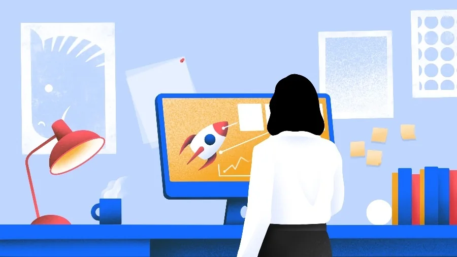 Illustration of a woman at a computer viewing a rocket and rising line chart.