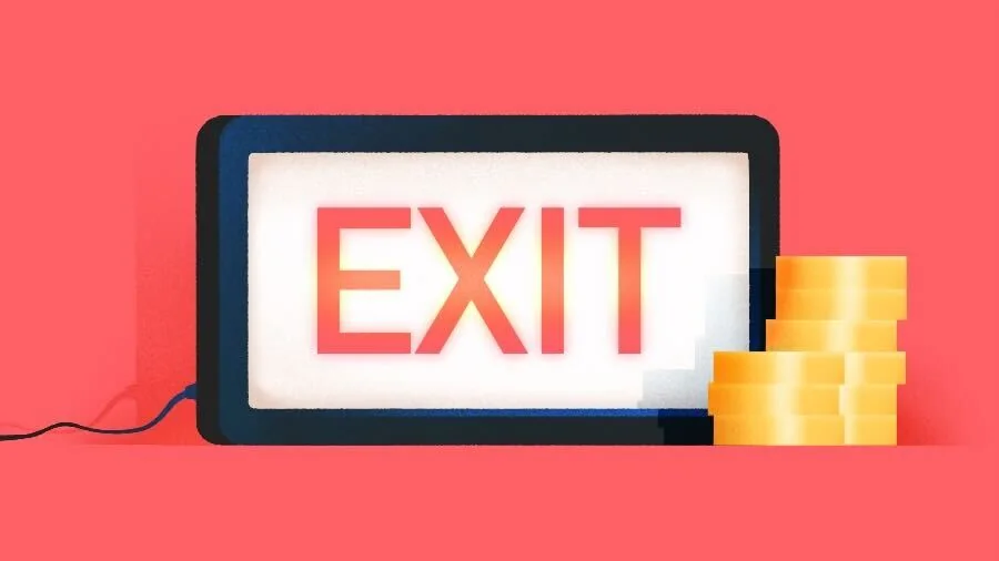 Illustration of an illuminated exit sign beside a stack of coins.