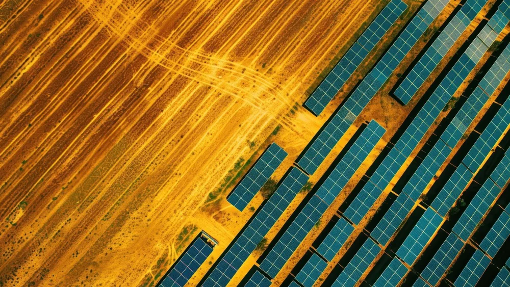 Aerial view of rows of solar panels crossing an ochre landscape.