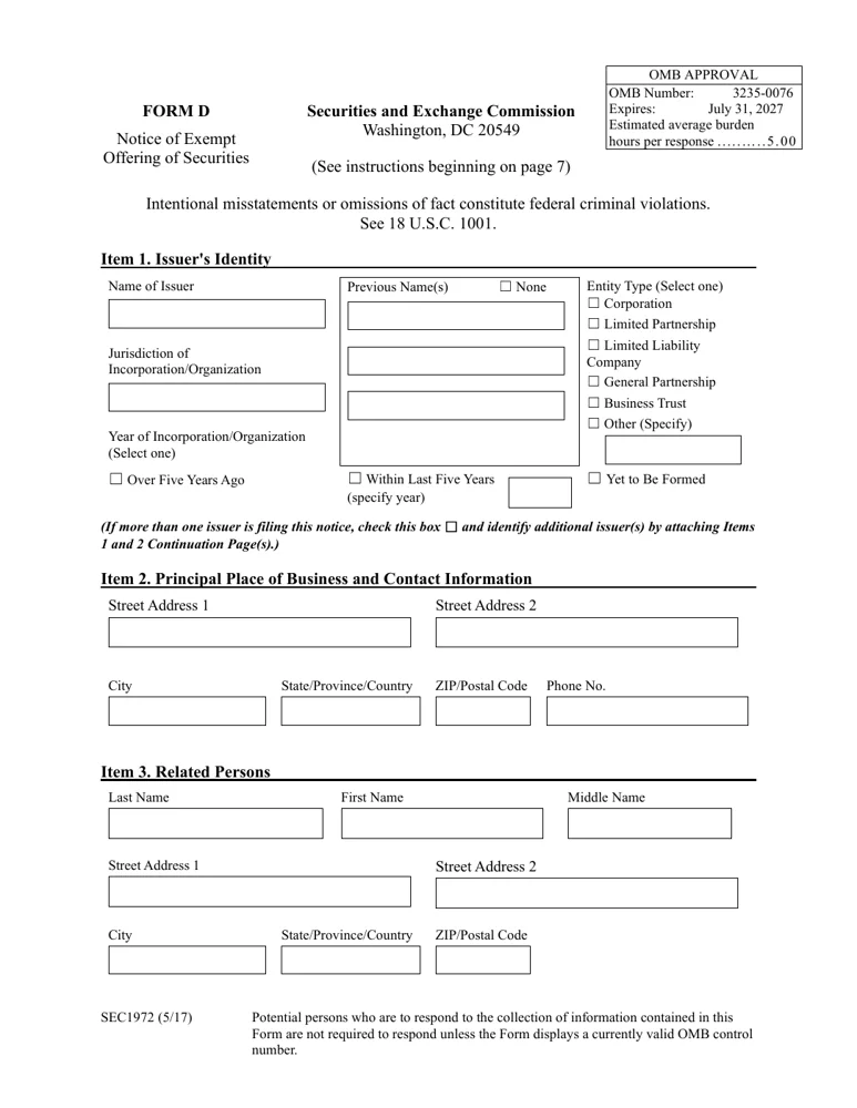 Page one of the SEC’s blank Form D