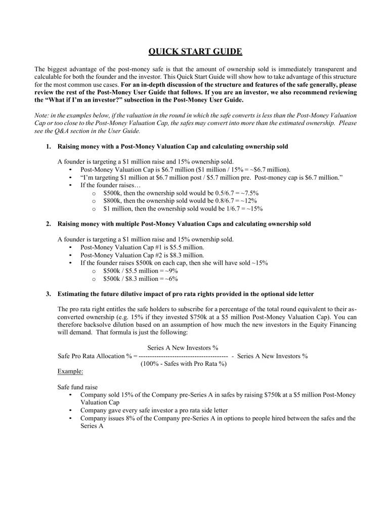 Page one of Y Combinator’s post-money SAFE user guide